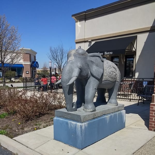 A large elephant statue stands outside Tea Tree Asian Bistro, with outdoor seating visible.